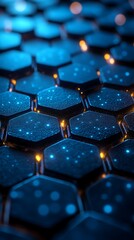 Obraz premium Abstract Blue Hexagon Background with Sparkles and Orange Lighting for Tech and Design