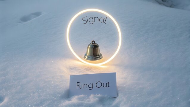 A silver bell displayed inside a neon glowing circle in snow