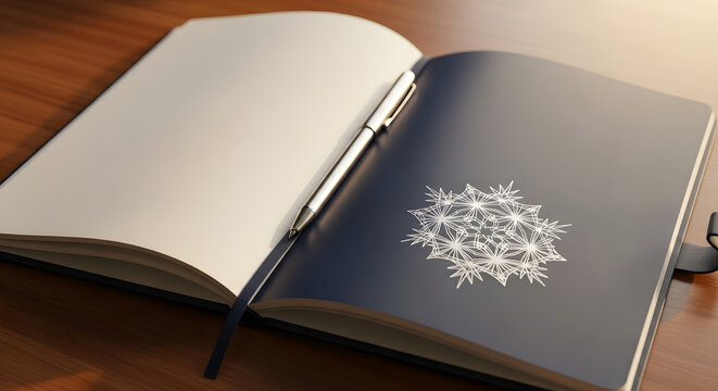 Open notebook with blank pages and a silver pen resting on a dark cover with a snowflake design - Powered by Adobe