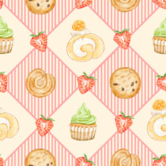 Pattern seamless with roll cake, cookies, cupcake, and strawberries. Watercolor illustration for print and product packaging. 
