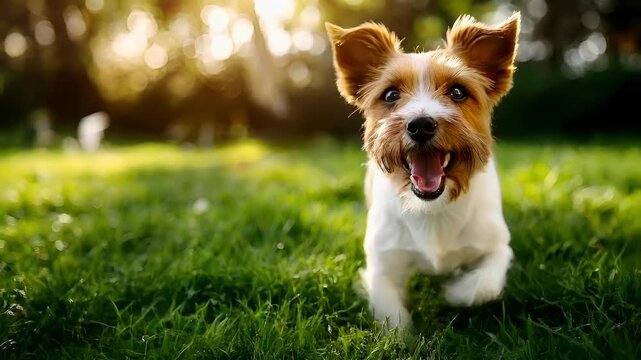 Airedale Terrier dog portrait on grassy field during golden hour.