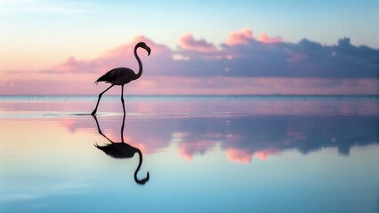Beautiful flamingo standing in calm water with reflection during sunset, showcasing vibrant pink feathers, serene natural habitat, and tranquil outdoor scenery