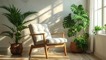 Fototapeta premium Cozy living room interior with natural light and lush green plants enhancing a comfortable armchair