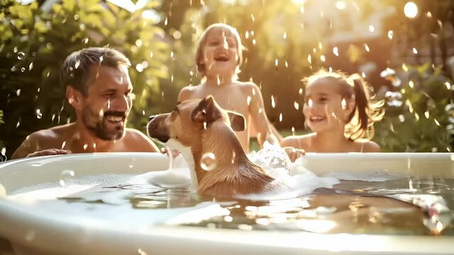 A candid shot of a family enjoying a sunny day in a jacuzzi tub. The main subject is a family of four, with two children and a dog. The children are playing with bubbles.