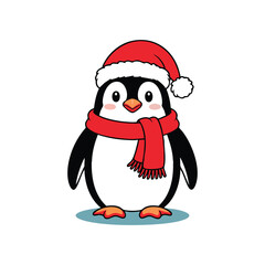 Cute Cartoon Penguin Wearing a Santa Hat and Red Scarf, Adorable Penguin in Winter Attire, Holiday Penguin Mascot Illustration, Christmas Penguin Character