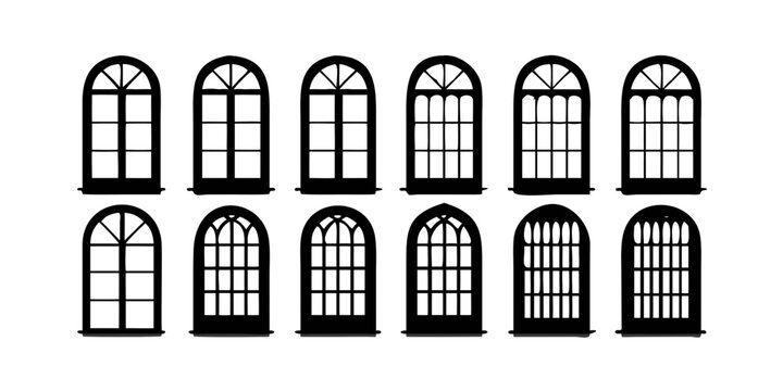 Collection of ten black silhouette architectural arched windows with various pane designs vector illustration.