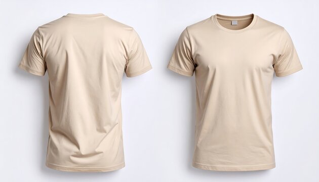 Beige t-shirt mockup template display in front and back view for branding and product advertisement, clothing catalog model