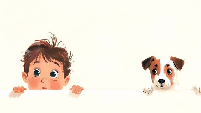 A whimsical illustration of a young boy peeking over a blank sign, with a cheerful expression on his face. The boys hair is a mix of brown and white, and he has a mohawklike hairstyle.
