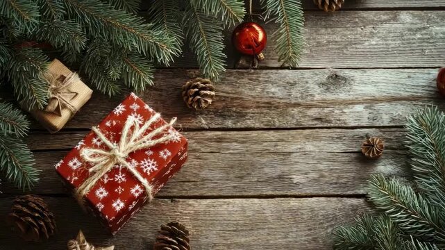 Seasonal gifts evergreen boughs and ornaments arranged on a rustic wooden surface from a top-down perspective