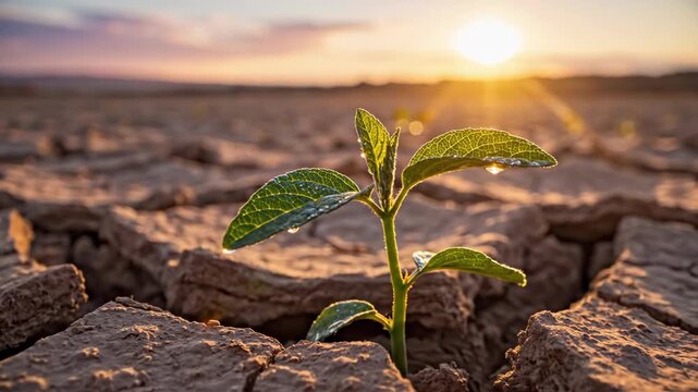 A sprout emerges from parched earth at sunset symbolizing resilience Droplets adorn its leaves