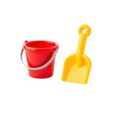 Bright red plastic bucket and yellow shovel for beach play with transparent background