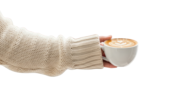 Woman in a sweater holding a cup of coffee isolated on transparent background
