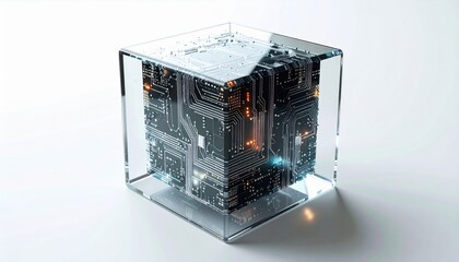 A complex circuit board is encased within a clear, transparent cube, partially filled with a liquid substance.