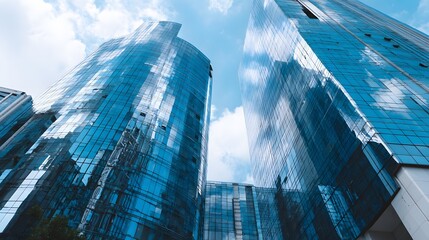 Modern glass skyscrapers reflect blue sky and white clouds from a low angle perspective