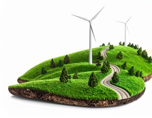 Miniature island scene featuring wind turbines, road, and lush green landscape.