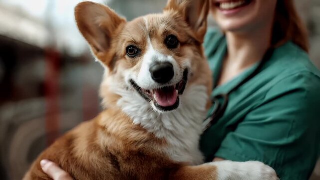 A closeup of a smiling corgi dog with a person in the background. The dogs face is detailed with a mix of brown, white, and black fur.