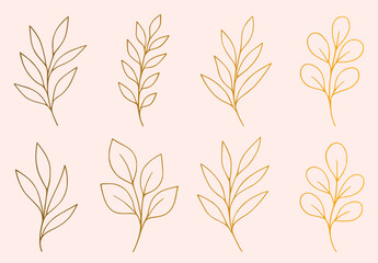 Naklejka premium Set of 8 minimalist botanical leaf illustrations in gold and brown outline on soft pink. Perfect for branding, stationery, packaging, and modern decor. Fully editable vector