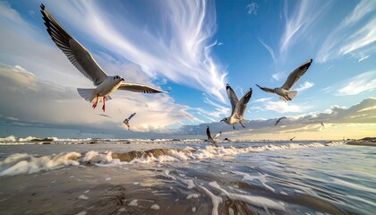 Seagulls soar over foamy ocean waves under a dramatic cloudy sky at sunset with golden sunlight illuminating the scene
