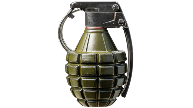 A detailed combat grenade cut out showing realistic metal texture surface and military ordnance detailing on white background