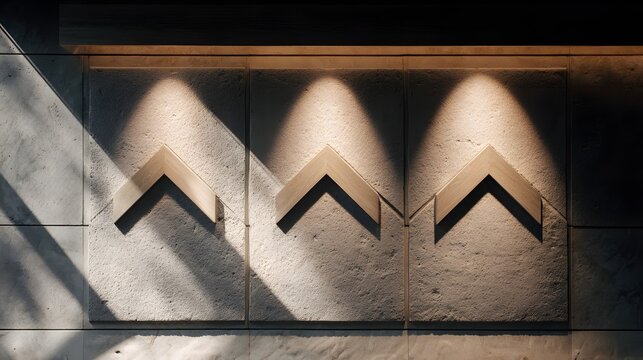 Architectural concrete panel features recessed chevron patterns illuminated by focused uplighting