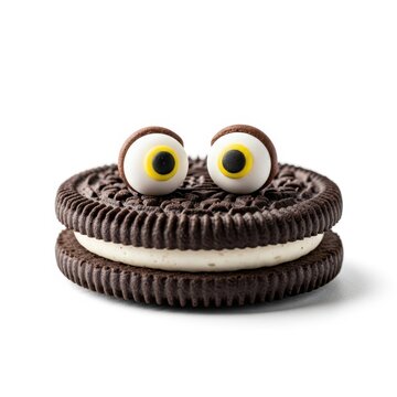 A spooky oreo cookie with candy eyes isolated on white background