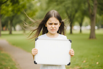 Grumpy Young Girl Holding Blank Whiteboard Outdoors in a Green Park Setting, Ideal for Inserting Text or Image, Copy Space Available.                 