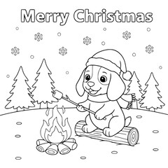 Fototapeta premium Beagle puppy roasting marshmallow by campfire with “Merry Christmas,” coloring book page for toddlers Generative AI
