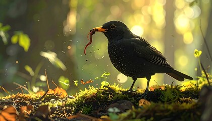 Bird standing on moss, holding a worm in the sunlight