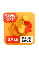 3D Red Arrows Circling Gold Coins for Cashback or 50% Off Promotion Design