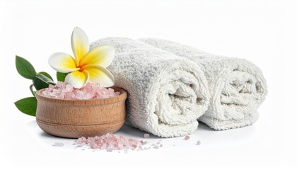 Rolled white towels, a wooden bowl of pink bath salts, and a frangipani flower with green leaves on a white background.