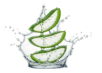 Aloe vera slices falling into water with splash isolated on transparent background, natural medicine and beauty concept