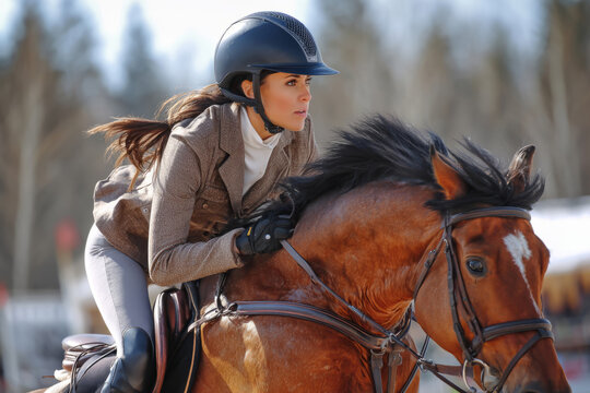 Female equestrian rider in helmet and jacket jumping on a brown horse