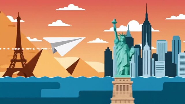 Global Travel Adventure with Paper Planes and Famous Landmarks.