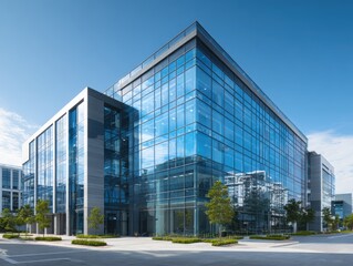 Modern commercial building with sapphire blue glass facade. Business architecture concept contemporary office design corporate facility environment for professional workplace space urban property.