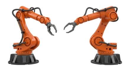 Two orange industrial robots isolated on transparent background robotic arm manipulator automation and manufacturing concept