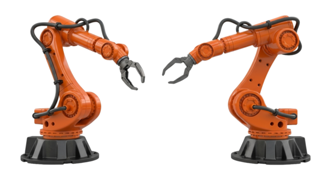 Two orange industrial robots isolated on transparent background robotic arm manipulator automation and manufacturing concept