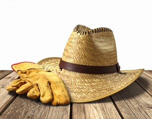 Straw Hat and Work Gloves on Wooden Surface