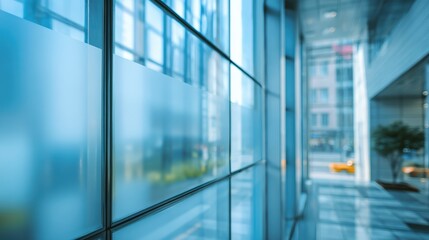 Blurred glass wall of contemporary business building with blue tint showcasing corporate architecture concept modern office design business center environment for workplace urban commercial background
