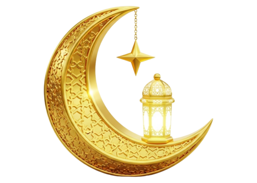 Golden crescent moon with lantern and star isolated on transparent background, a festive decoration for ramadan celebration