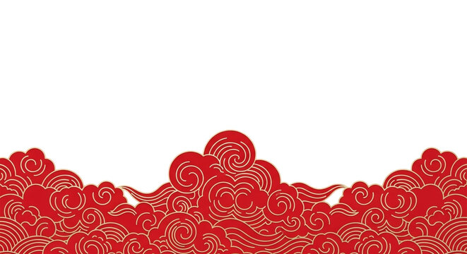 Elegant red and gold cloud pattern isolated on transparent background, a symbol of prosperity and good fortune in asian cultures