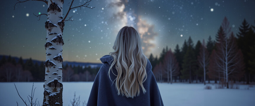 Woman stargazing in snowy forest at night with starry sky