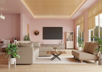 Room with a TV on a pink wall, a wooden ceiling and a sofa with beautiful potted plants.