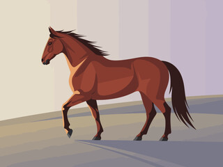 A beautifully illustrated brown horse walks gracefully across a serene landscape, symbolizing freedom and strength in connection with nature and equestrian themes.