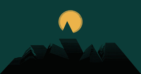 A contemporary mountain landscape design featuring sharp peaks and a rising sun, crafted with lines and geometric shapes, symbolizing adventure and the beauty of nature.