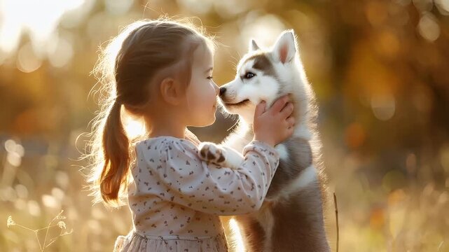 A young girl and a husky dog share a tender moment in an outdoor setting during what appears to be the golden hour. The girl is wearing a lightcolored dress with a pattern of small.