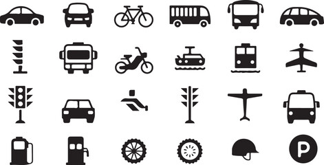 Collection of black transportation and traffic icons