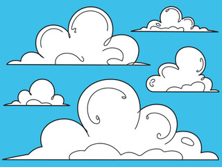 These whimsical hand-drawn clouds against a bright blue background bring a cheerful vibe, perfect for illustrations or designs that convey a sense of fun and brightness.