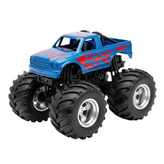 Obraz premium Blue toy monster truck with flame design and large tires on transparent background
