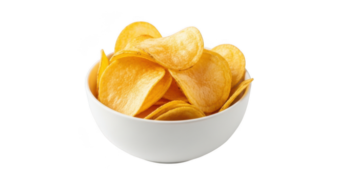 Crispy potato chips in a bowl isolated on transparent background