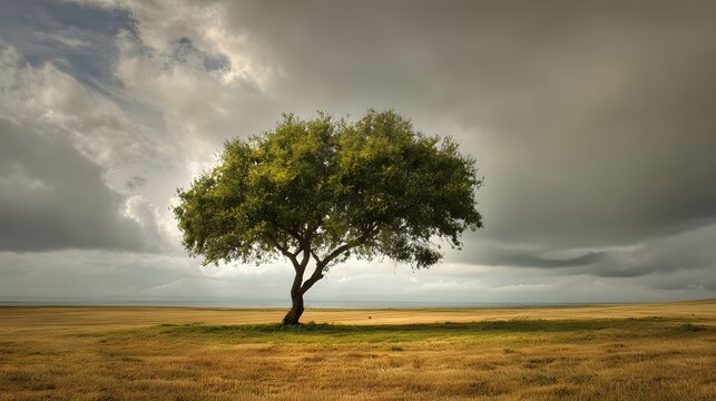 Solitary mature tree stands prominently in a wide, grassy field beneath an overcast and dramatic sky